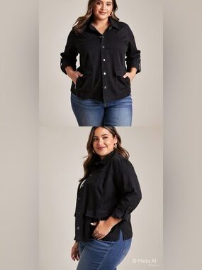 CHICO’S Black Utility Jacket Snap Buttons Size 3 Large | Collared Zip Pockets